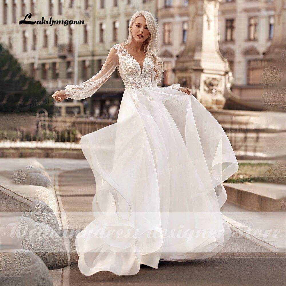 NumberSea Boho Princess A-Line Wedding Dresses V Neck Longue Long Lantern Sleeve Robe De Soiree Simple Beach Wedding Gown Vestidos De Noiv