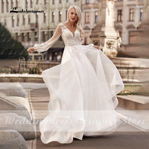 NumberSea Boho Prinzessin A-linie Brautkleider V-ausschnitt Longue Lange Laterne Hülse Robe De Soiree Einfache Strand Brautkleid Vestidos De noiv