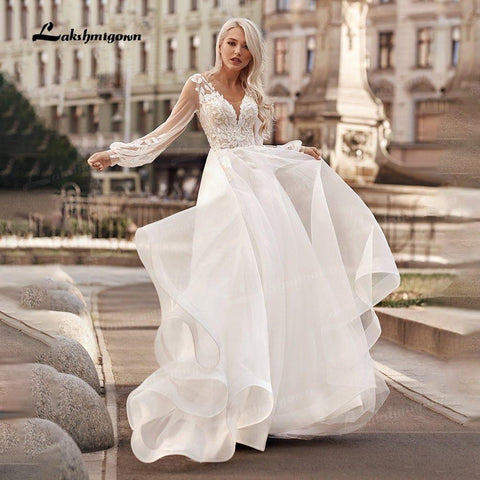 NumberSea Boho Prinzessin A-linie Brautkleider V-ausschnitt Longue Lange Laterne Hülse Robe De Soiree Einfache Strand Brautkleid Vestidos De noiv