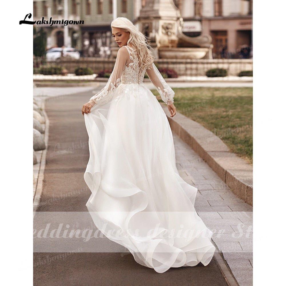 NumberSea Boho Princess A-Line Wedding Dresses V Neck Longue Long Lantern Sleeve Robe De Soiree Simple Beach Wedding Gown Vestidos De Noiv