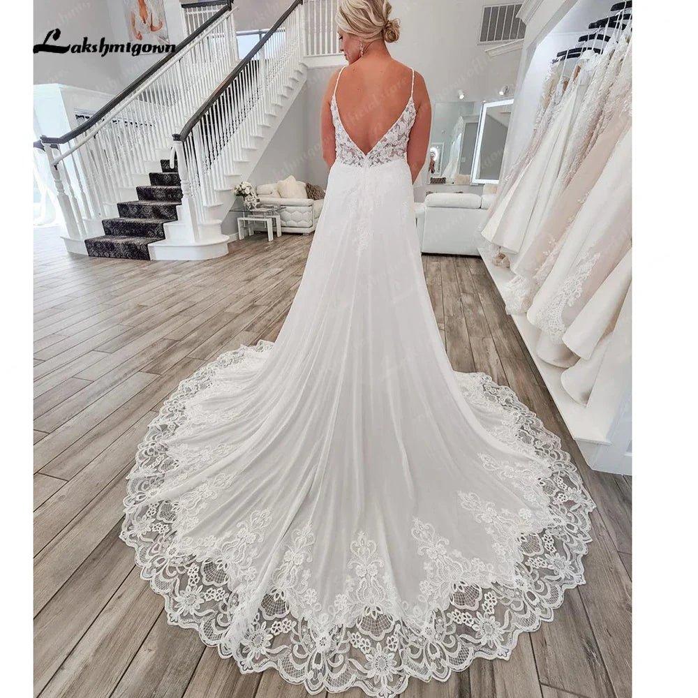 NumberSea Boho Spaghetti Straps Bridal Wedding Dresses A Line 2025 Robe Longue Simple Beach Chiffon Wedding Gowns Deep V Neck