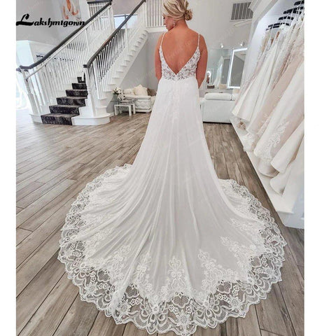 NumberSea Boho Spaghettiträger Brautkleider A-Linie 2025 Robe Longue Einfache Strand Chiffon Brautkleider Tiefem V-Ausschnitt 