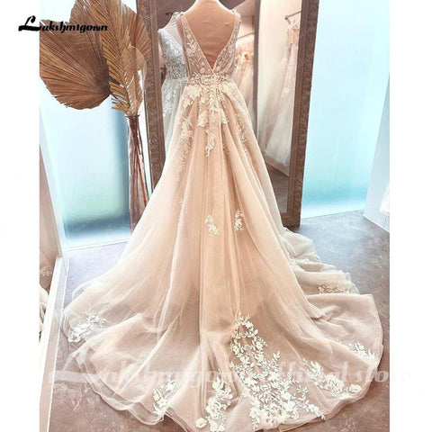 NumberSea Boho V-Ausschnitt Spitze Strand Braut Frauen Hochzeitskleid rückenfrei 2025 Gelinlik Brautkleider nach Maß 