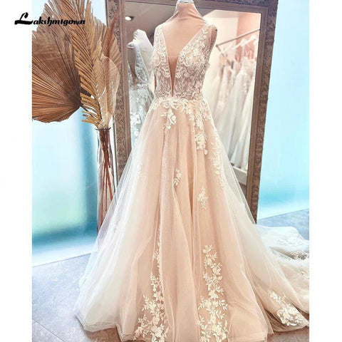 NumberSea Boho V-Ausschnitt Spitze Strand Braut Frauen Hochzeitskleid rückenfrei 2025 Gelinlik Brautkleider nach Maß 