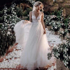 NumberSea Boho Wedding Dress V Neck A Line Boho Bridal Gown 3D Flower