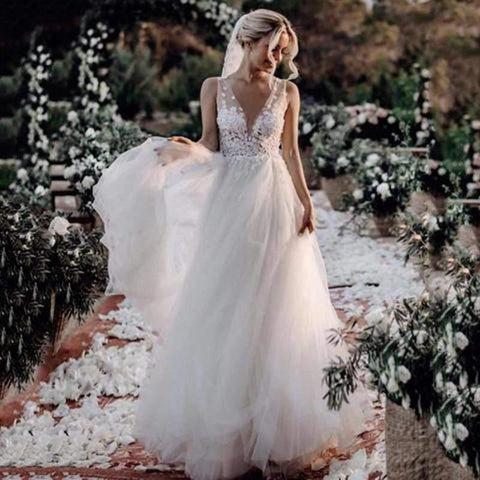 NumberSea Boho-Hochzeitskleid, V-Ausschnitt, A-Linie, Boho-Brautkleid, 3D-Blume