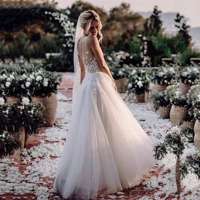 NumberSea Boho Wedding Dress V Neck A Line Boho Bridal Gown 3D Flower