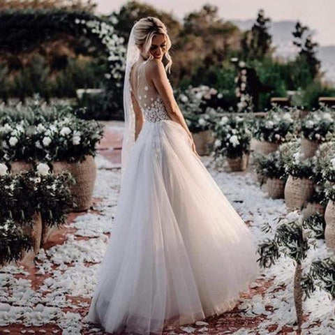 NumberSea Boho-Hochzeitskleid, V-Ausschnitt, A-Linie, Boho-Brautkleid, 3D-Blume