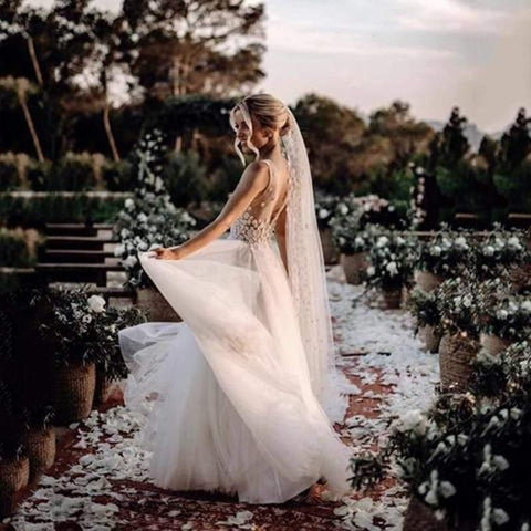 NumberSea Boho-Hochzeitskleid, V-Ausschnitt, A-Linie, Boho-Brautkleid, 3D-Blume