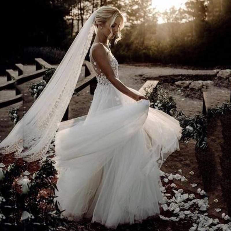 NumberSea Boho Wedding Dress V Neck A Line Boho Bridal Gown 3D Flower