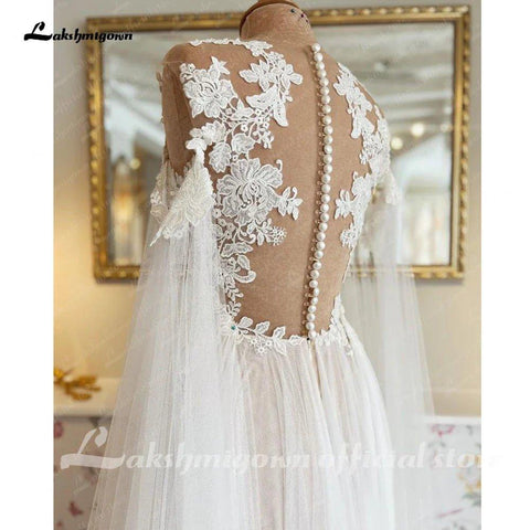Vestido de noiva estilo boho NumberSea com capa e praia, verão 2025, renda, corte A, decote em V, costas nuas, vestido de verão 