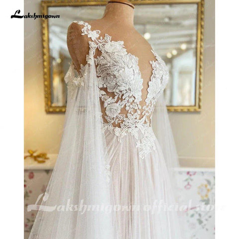 Vestido de noiva estilo boho NumberSea com capa e praia, verão 2025, renda, corte A, decote em V, costas nuas, vestido de verão 