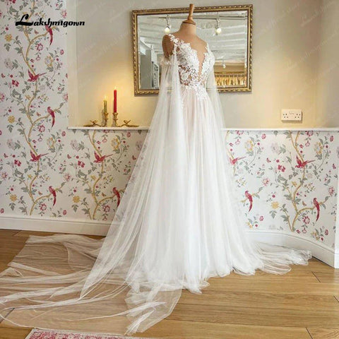 Vestido de noiva estilo boho NumberSea com capa e praia, verão 2025, renda, corte A, decote em V, costas nuas, vestido de verão 