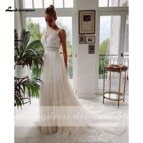 NumberSea Boho Brautkleider 2024 V-Ausschnitt Strand Spitze Brautkleider Elegantes Tüll A-Linie Brautkleid