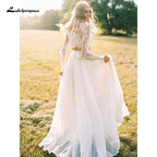 NumberSea Boho&Fashion A Line Two Piece O Neck Long Sleeves Lace Wedding Dresses Floor-Length Zipper-up Ivory Illusion vestidos de novia
