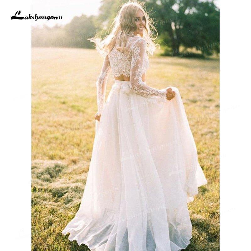 NumberSea Boho&Fashion A Line Two Piece O Neck Long Sleeves Lace Wedding Dresses Floor-Length Zipper-up Ivory Illusion vestidos de novia