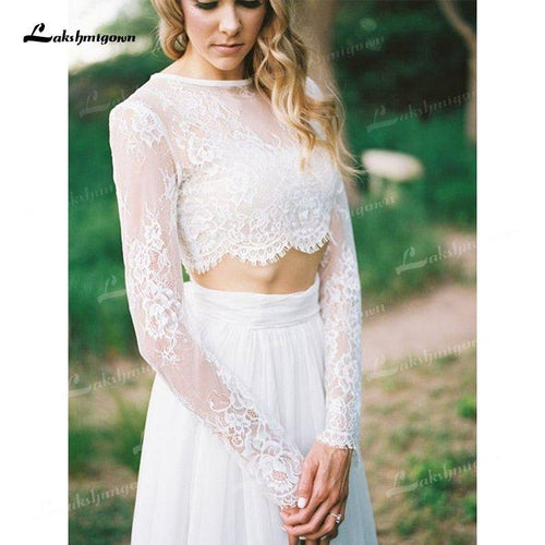 NumberSea Boho&Fashion A-Ligne Deux pièces Encolure O Manches longues Dentelle Robes de mariée Longueur sol Fermeture éclair Ivoire Illusion vestidos de novia