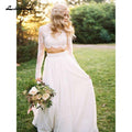 NumberSea Boho&Fashion Abito da Sposa A-Line Due Pezzi Collo Tondo Maniche Lunghe Pizzo Lungo fino a Terra con Cerniera Avorio Illusion
