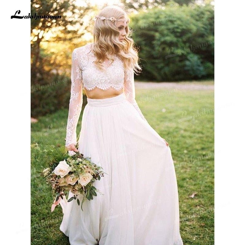 NumberSea Boho&Fashion A Line Two Piece O Neck Long Sleeves Lace Wedding Dresses Floor-Length Zipper-up Ivory Illusion vestidos de novia