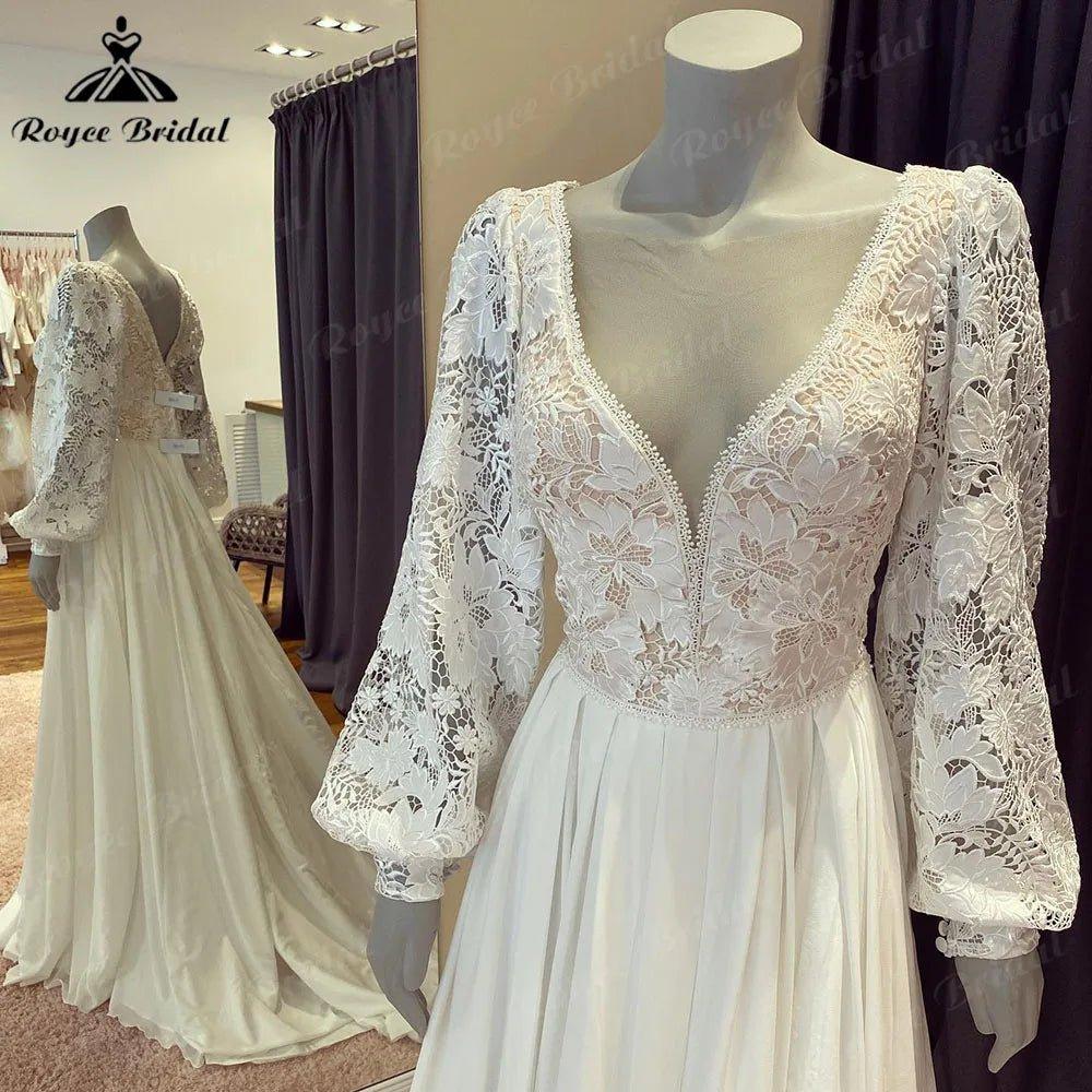 NumberSea Brautkleid Civil Bohemia Lace Bodice Chiffon Puff Long Sleeve Wedding Dress with V Neck 2024 Backless Beach Bridal Gown Women