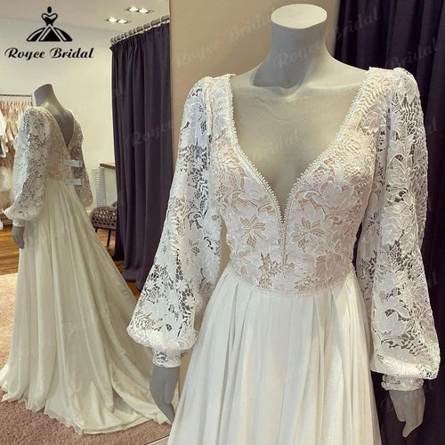 Robe de mariée NumberSea Civil Bohemia Dentelle Corsage Mousseline Manches Longues Bouffantes avec Encolure en V 2024 Dos Nu Plage Robe de Mariée Femme