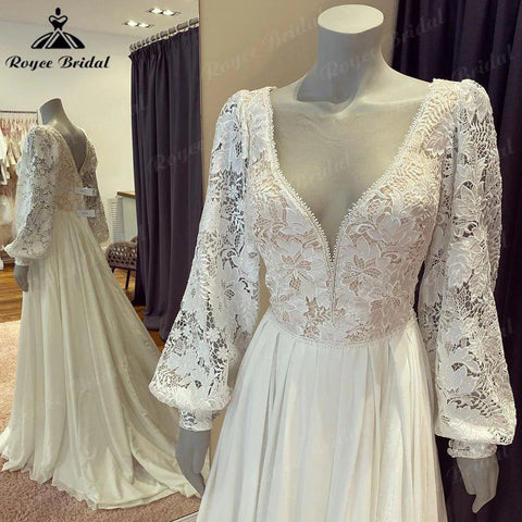 NumberSea Brautkleid Civil Bohemia Lace Bodice Chiffon Puff Long Sleeve Wedding Dress with V Neck 2024 Backless Beach Bridal Gown Women 