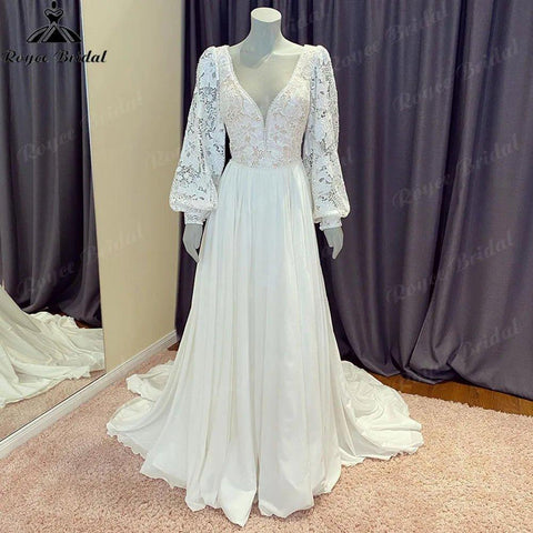 NumberSea Brautkleid Civil Bohemia Lace Bodice Chiffon Puff Long Sleeve Wedding Dress with V Neck 2024 Backless Beach Bridal Gown Women 
