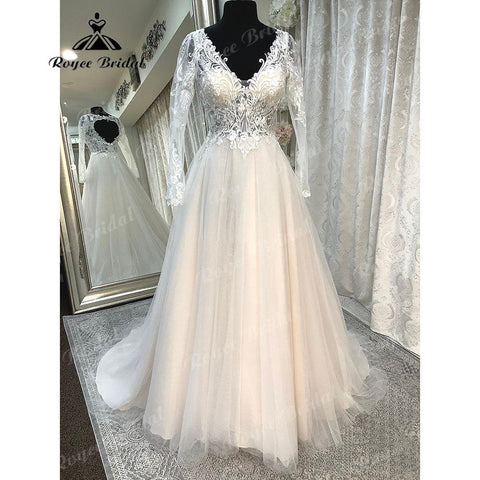 NumberSea Brautkleid Langarm V-Ausschnitt Spitze Mieder Open Back Strand Boho Brautkleid 2025 Großzügige Braut Brautkleid robe mariage Sexy 