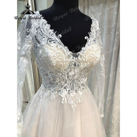 NumberSea Brautkleid Langarm V-Ausschnitt Spitze Mieder Open Back Strand Boho Brautkleid 2025 Großzügige Braut Brautkleid robe mariage Sexy 
