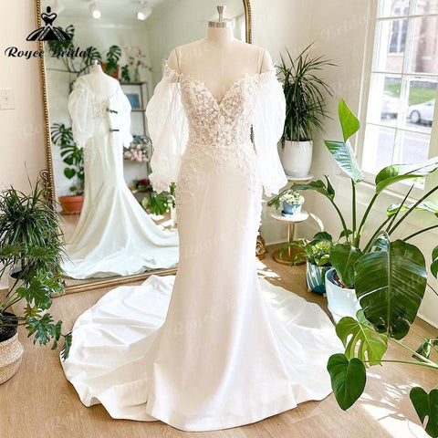 NumberSea Brautkleid Meerjungfrau Weiche Satin Spitze Floral Off Schulter Boho Brautkleid mit Puff Langarm V-Ausschnitt vestido de casamento 2025 