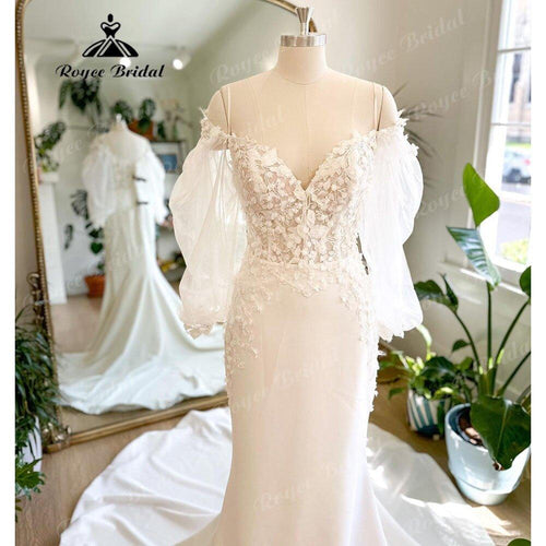 Vestido de novia NúmeroMar Estilo sirena Satén suave Encaje floral Escote palabra de honor Boho con manga larga abullonada Cuello en V vestido de boda 2025