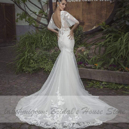 NumberSea Robes de mariée sirène en dentelle avec manches
