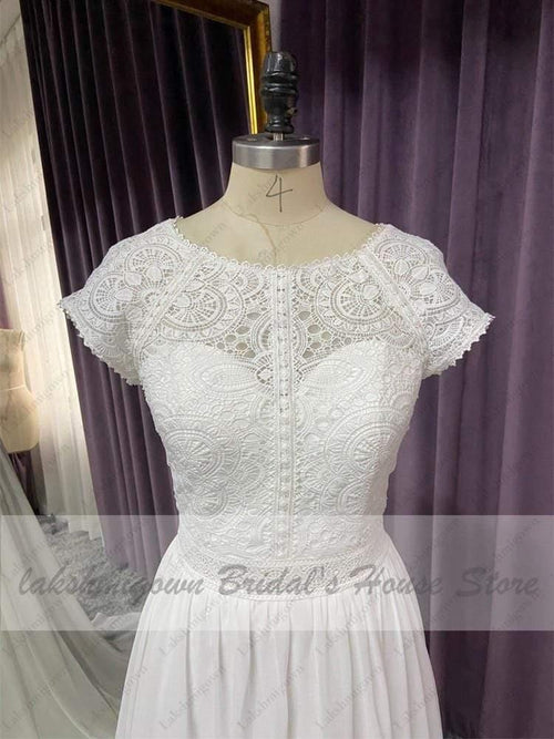NumberSea Robe de mariée plage Manches courtes capuche Corsage dentelle Sexy Mousseline A-Ligne