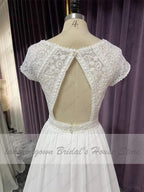NumberSea Cap Short Sleeve Beach Wedding Dress Lace Bodice Sexy Chiffon A Line