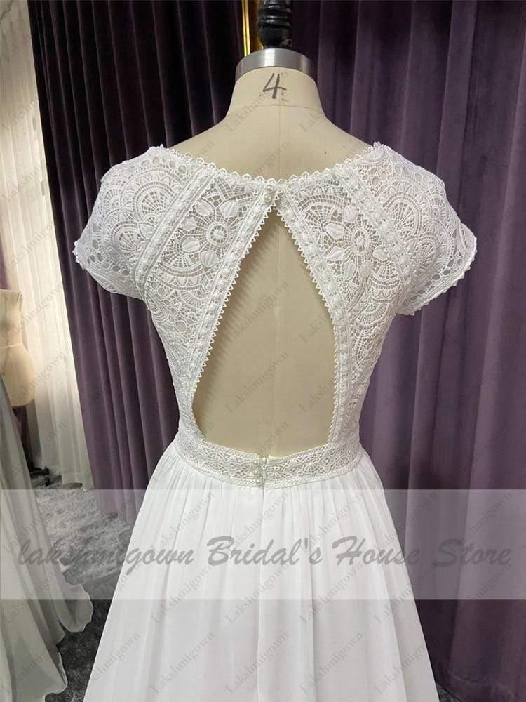 NumberSea Cap Short Sleeve Beach Wedding Dress Lace Bodice Sexy Chiffon A Line