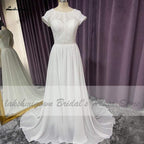 NumberSea Cap Short Sleeve Beach Wedding Dress Lace Bodice Sexy Chiffon A Line