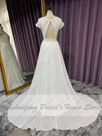 NumberSea Cap Short Sleeve Beach Wedding Dress Lace Bodice Sexy Chiffon A Line