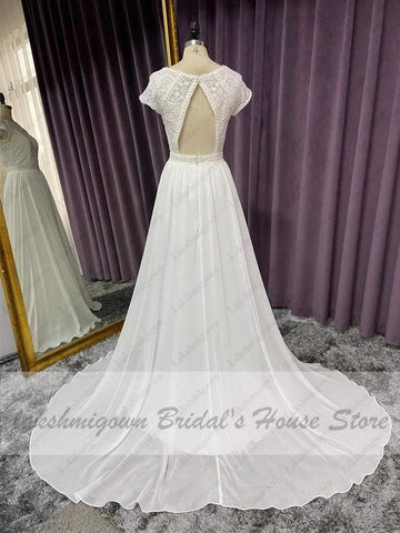 NumberSea Cap Kurzarm Strand Brautkleid Spitze Mieder Sexy Chiffon A Linie