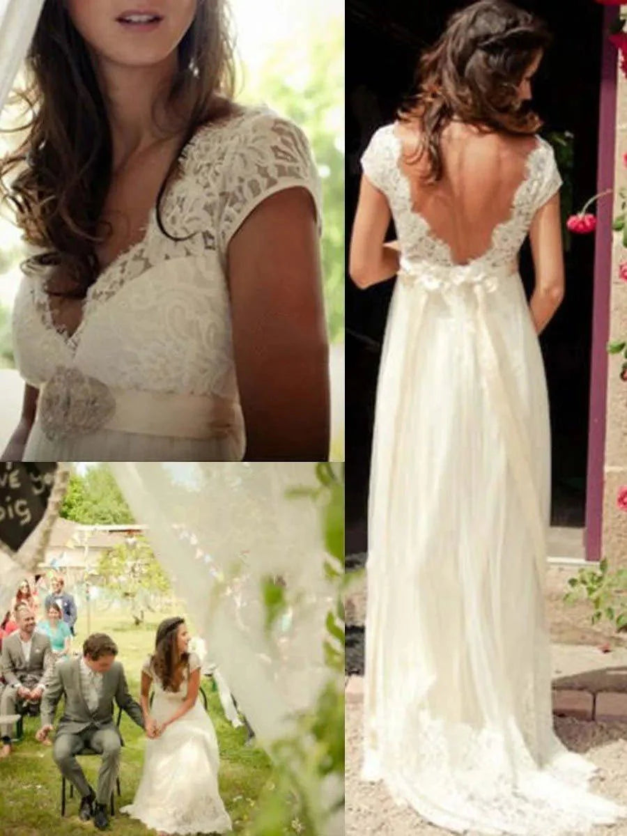 NumberSea Cap Sleeve Low Back Beaded Beach Wedding Dress robe mariage femme Vestido Noiva Simple White V-neck Bridal Gowns