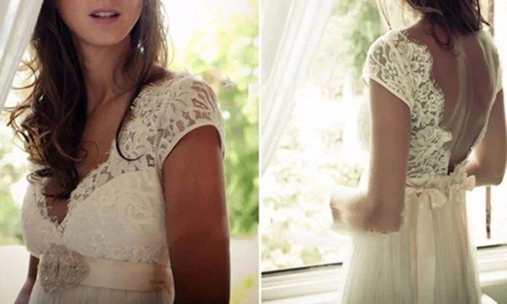 NumberSea Cap Sleeve Low Back Beaded Beach Wedding Dress robe mariage femme Vestido Noiva Simple White V-neck Bridal Gowns