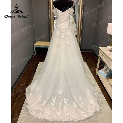 Vestito da Sposa NumberSea con Scollo a V, Maniche a Cappuccio, Strascico a Spazzola, Applicazioni di Pizzo e Spalle Scoperte, 2025, Matrimonio Civile, Abiti da Sposa Boho
