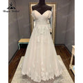 Vestito da Sposa NumberSea con Scollo a V, Maniche a Cappuccio, Strascico a Spazzola, Applicazioni di Pizzo e Spalle Scoperte, 2025, Matrimonio Civile, Abiti da Sposa Boho