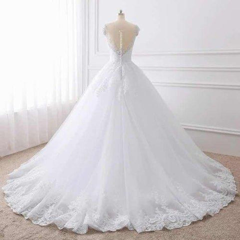 NumberSea Flügelärmeln Weiß U-Ausschnitt Spitze Brautkleider Online, Günstige Brautkleider, MW427