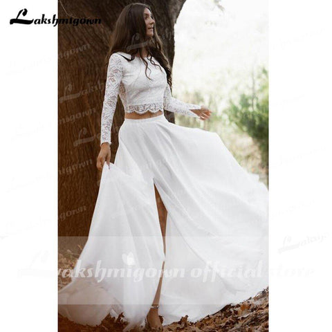 NumberSea Lässiges Langarm-Zweiteiler-Bateau-Brautkleid aus Chiffon mit Spitze und Schlitz vorne, Brautkleid, Robe De Mariée, Lakshmigown