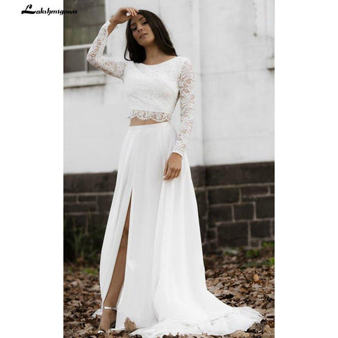 NumberSea Lässiges Langarm-Zweiteiler-Bateau-Brautkleid aus Chiffon mit Spitze und Schlitz vorne, Brautkleid, Robe De Mariée, Lakshmigown