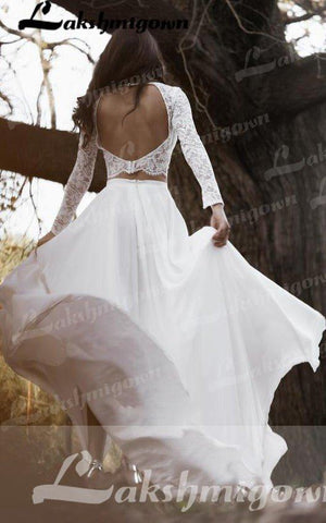 NumberSea Lässiges Langarm-Zweiteiler-Bateau-Brautkleid aus Chiffon mit Spitze und Schlitz vorne, Brautkleid, Robe De Mariée, Lakshmigown