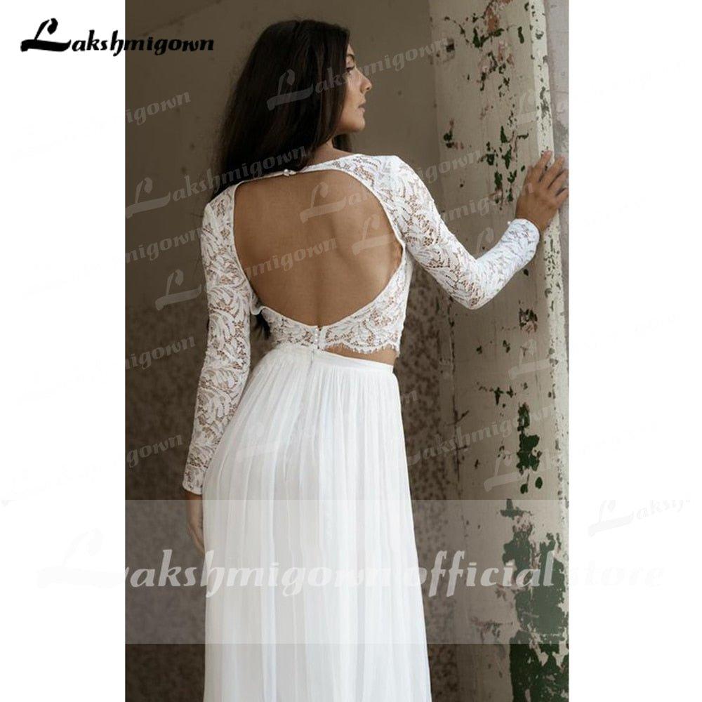 NumberSea Casual Long Sleeve Two Piece Chiffon Lace Bateau Wedding Dress With Split Front Bridal Gown Robe De Mariée Lakshmigown