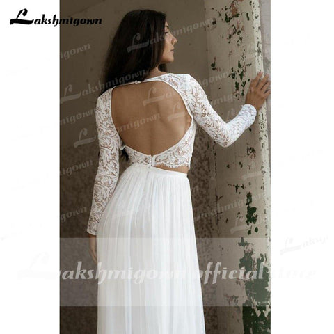 NumberSea Lässiges Langarm-Zweiteiler-Bateau-Brautkleid aus Chiffon mit Spitze und Schlitz vorne, Brautkleid, Robe De Mariée, Lakshmigown