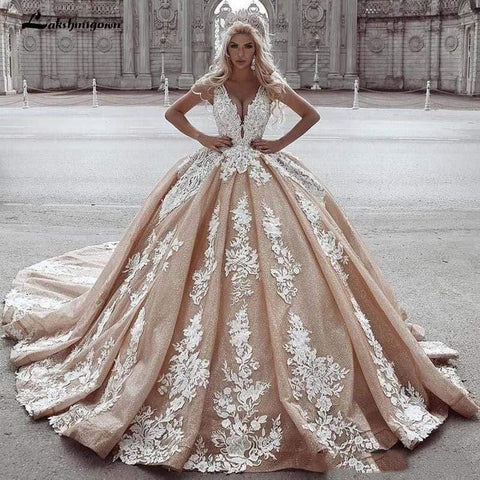NumberSea Champagner Ballkleid Brautkleider Spitze Appliqued Tiefem