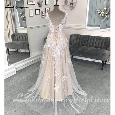 Vestidos de noiva de cerimónia NumberSea Champagne Beach, cauda longa, sem mangas, renda com aplicações, 2025 